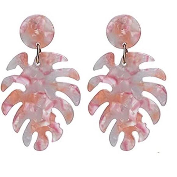 Palm Leaf Pink Acrylic Drop Style Earrings - Picture 1 of 1
